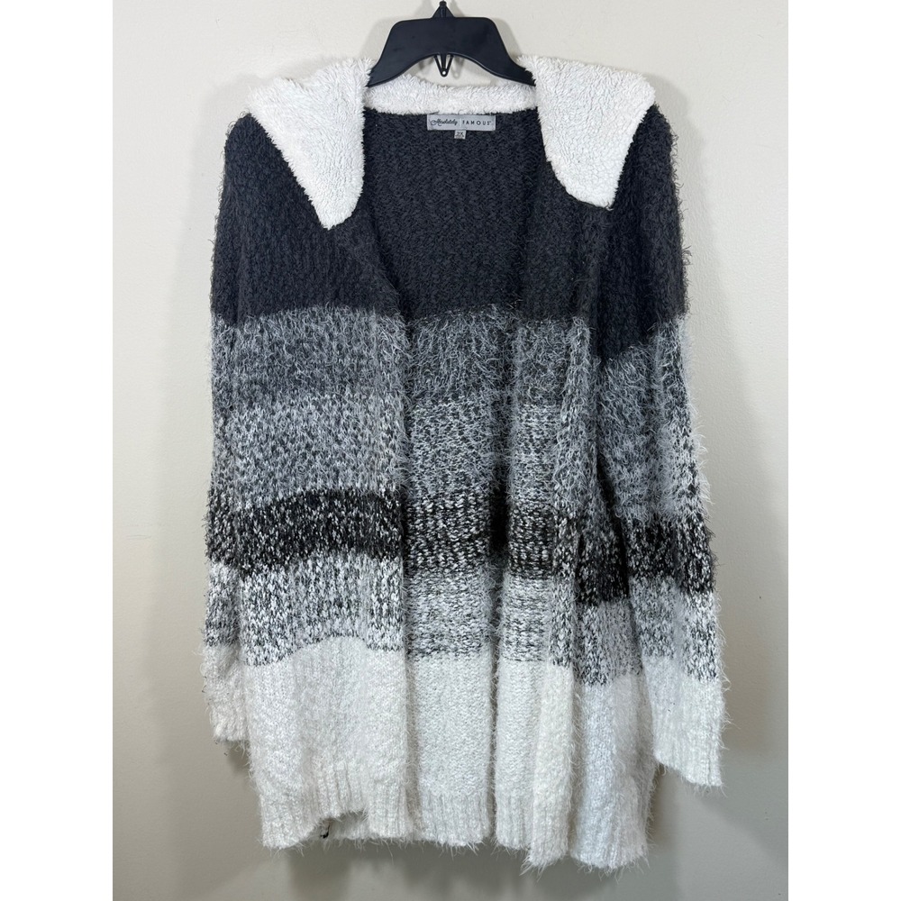 Absolutely Famous Women's 2X Gray White Ombré Fuzzy Hooded Cardigan Sweater Cozy